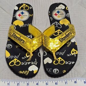 Pittsburgh Steelers Womens Flip Flops Sz M Sparkle Sequin Peace‎ Love